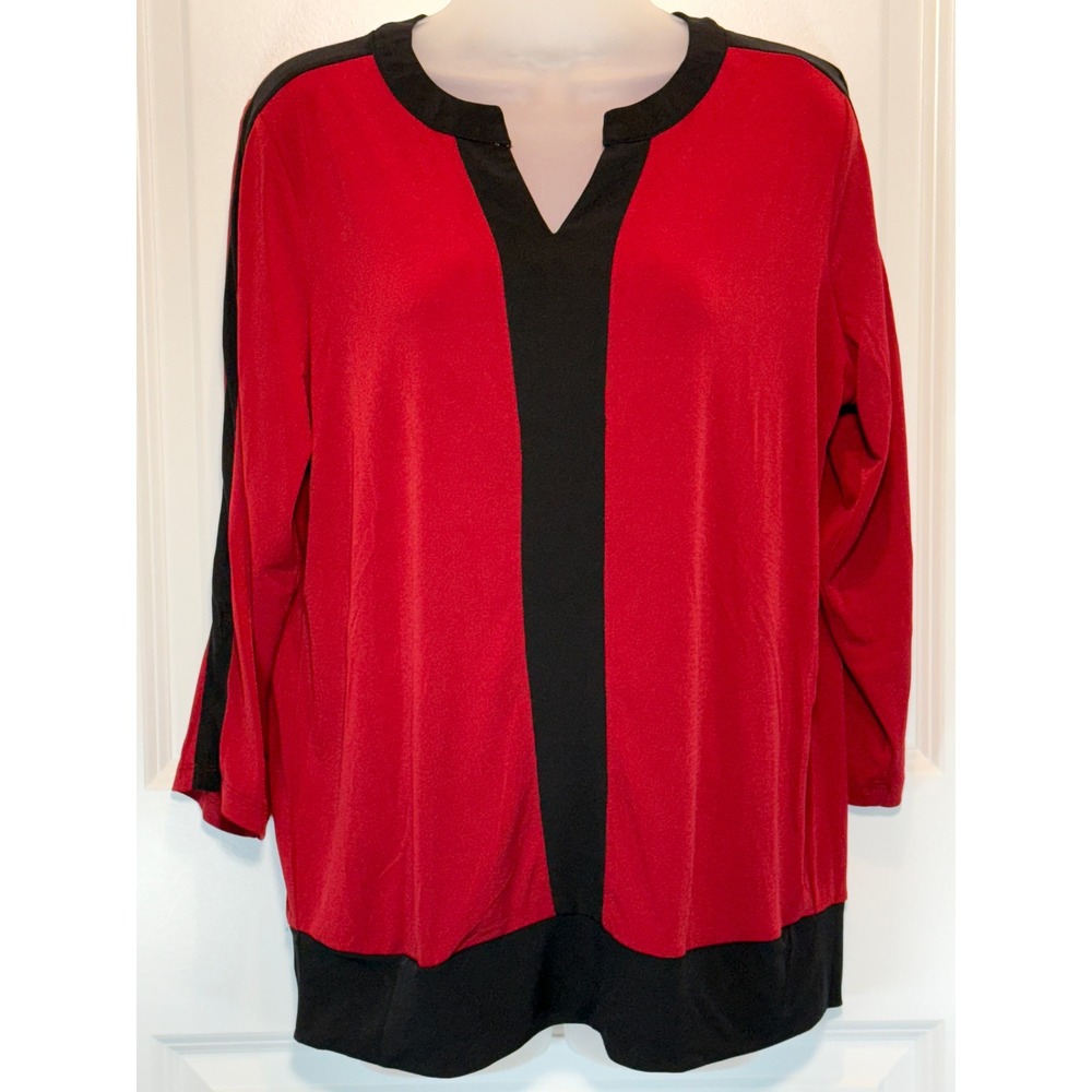 Susan Graver Colorblock V-Neck‎ Top Women's Medium Red Black 3/4 Sleeve Career M